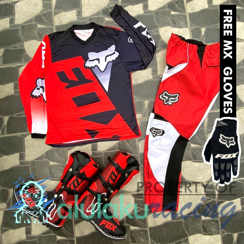 Jersey, Celana, Sarung Tangan &amp; Sepatu Fullprint with Protectors Fullset MX Trail Motocross - Paket Bundling FOCTFG131003-F41