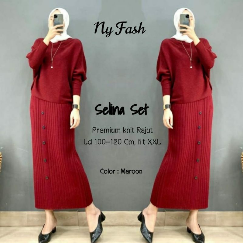 Selina set rok rajut knited import / rok rajut + top batwing / realpict original berlabel