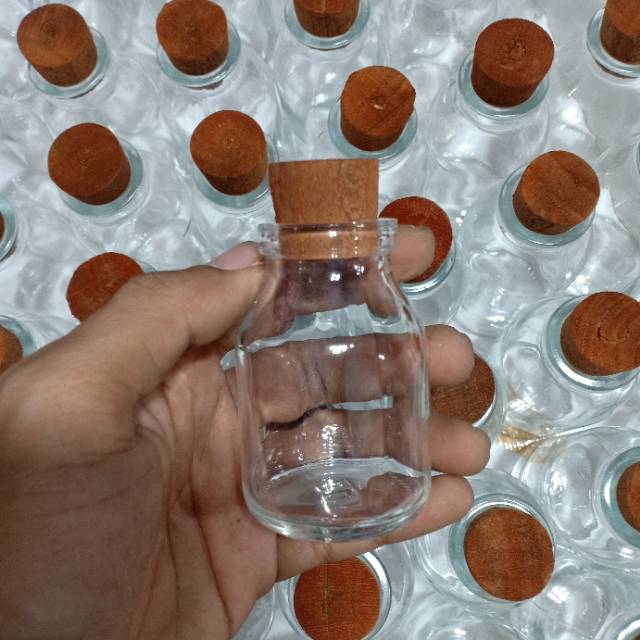 Botol kaca 50ml Pendek tutup KAYU - botol kemasan souvenir