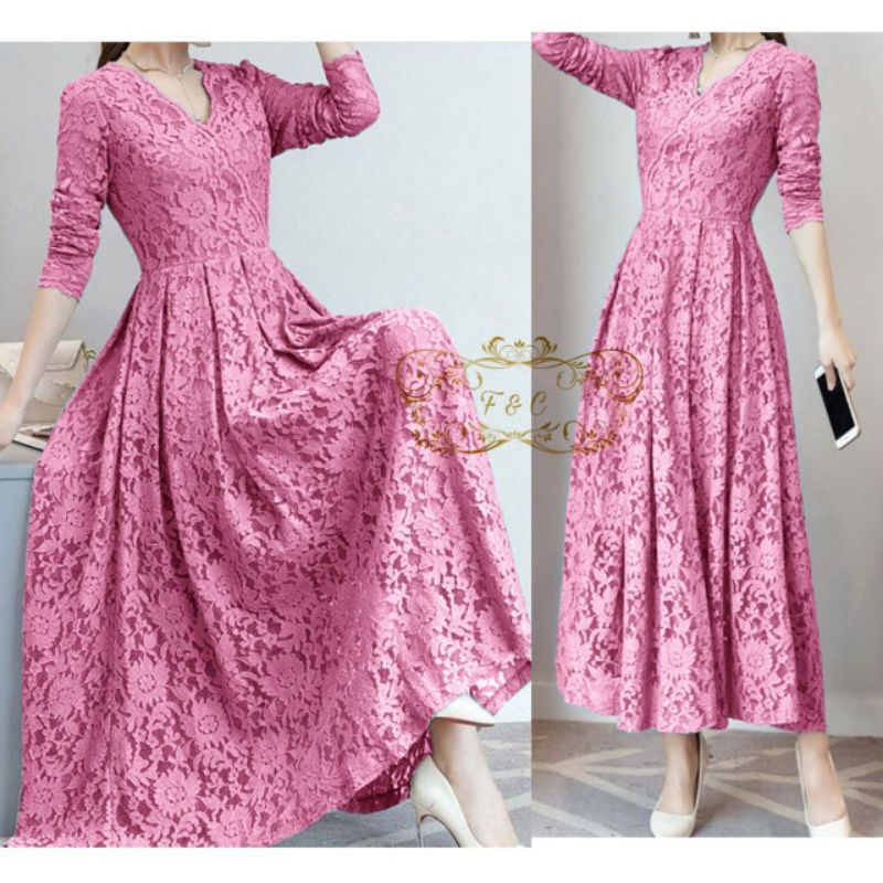 2 UKURAN L XL DRESS PESTA CASSIE FASHION PAKAIAN WANITA GAMIS MAXY BAHAN BRUKAT FEHM