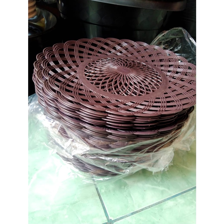 PIRING PLASTIK MODEL ROTAN QTY 12 PCS PIRING KERTAS NASI MURAH TERJANGKAU WARNA COKLAT TUA