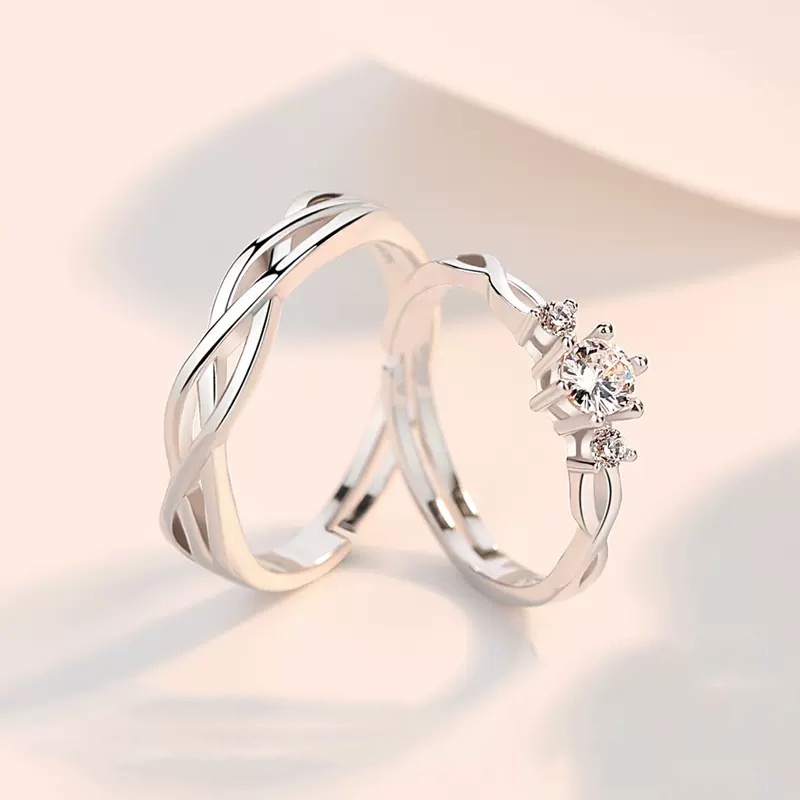 2pcs Cincin Silver Hias Kristal Sparkling Untuk Wanita