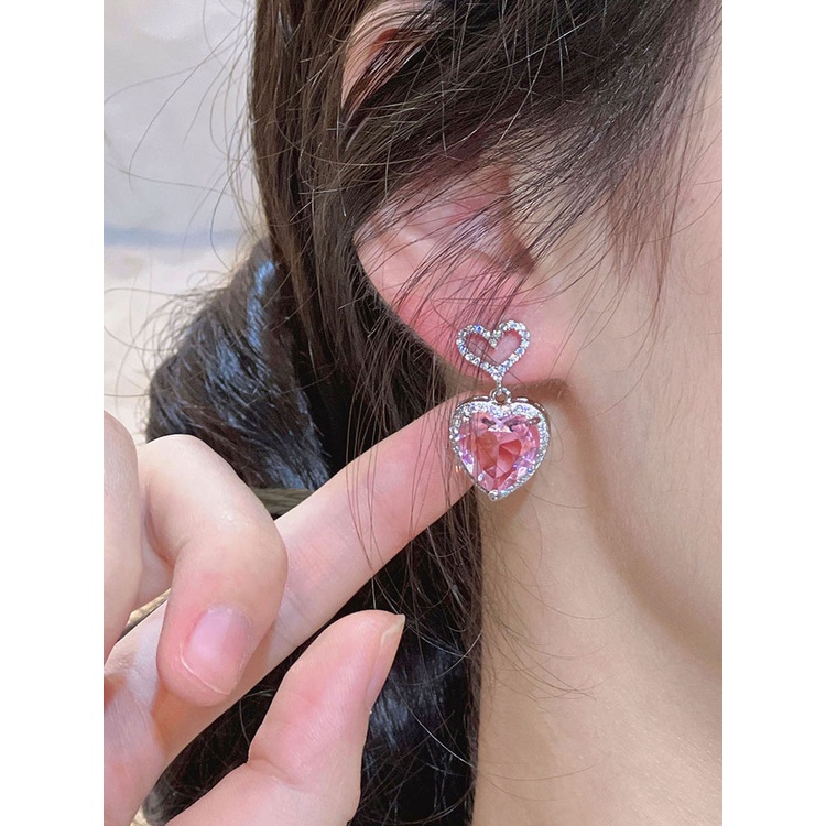 Anting Gantung Bentuk Hati Bahan Cubic Zirconia Warna Pink Untuk Wanita