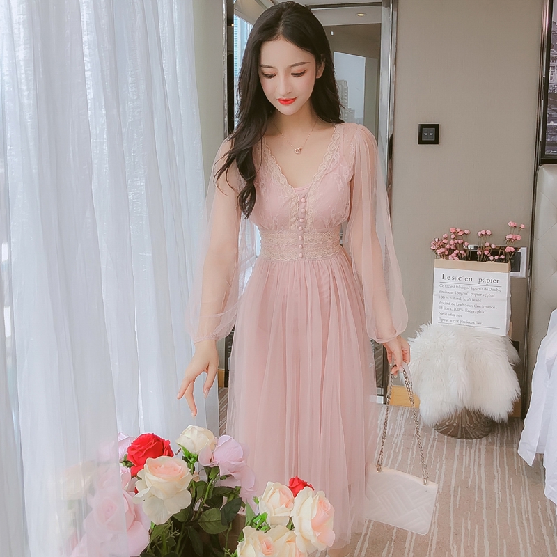 pink long sleeve lace dress