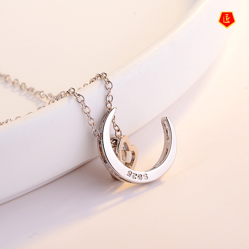 [Ready Stock]Japanese and Korean 925 Silver Necklace Heart-Shaped Moon Pendant