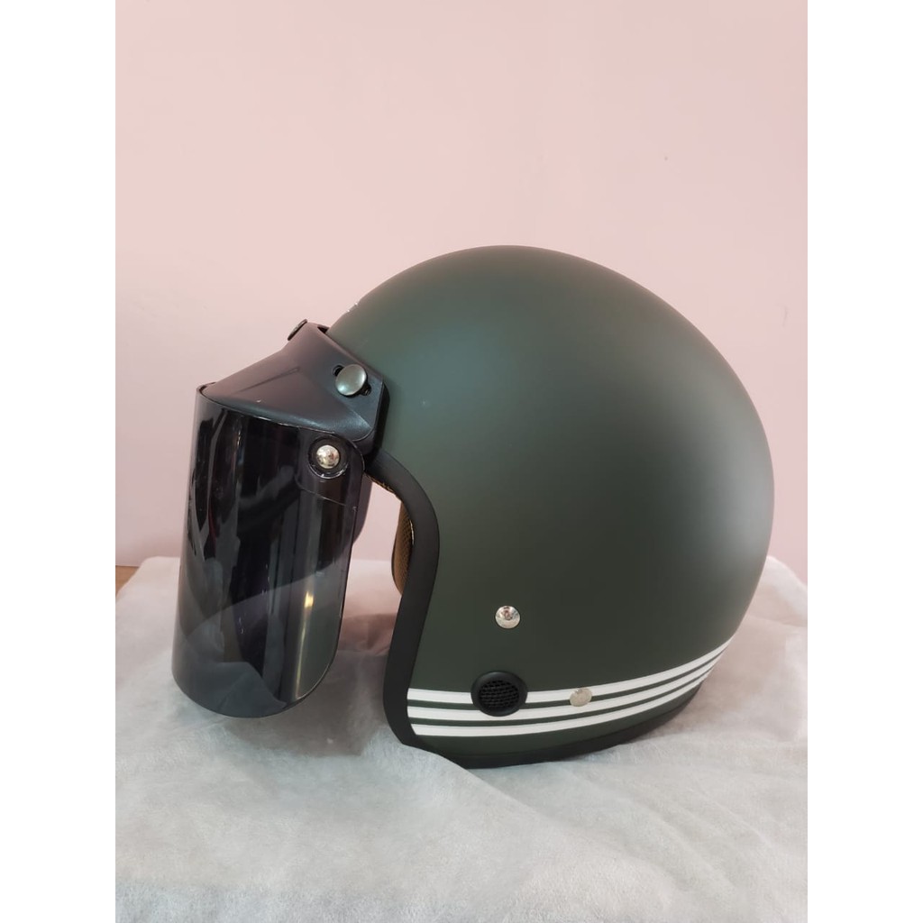 Helm Bogo / Helm Retro / Helm IOZ Line Green Army Doff + Kaca Helm Datar