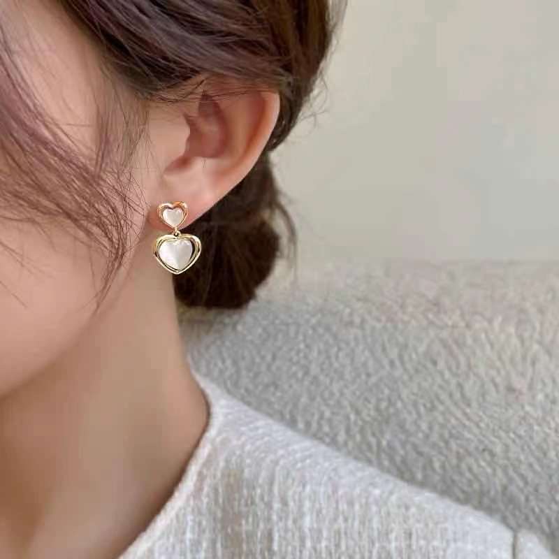 Korea Dongdaemun double lapisan mencintai hati anting-anting perempuan 2021 trendy serbaguna niche t