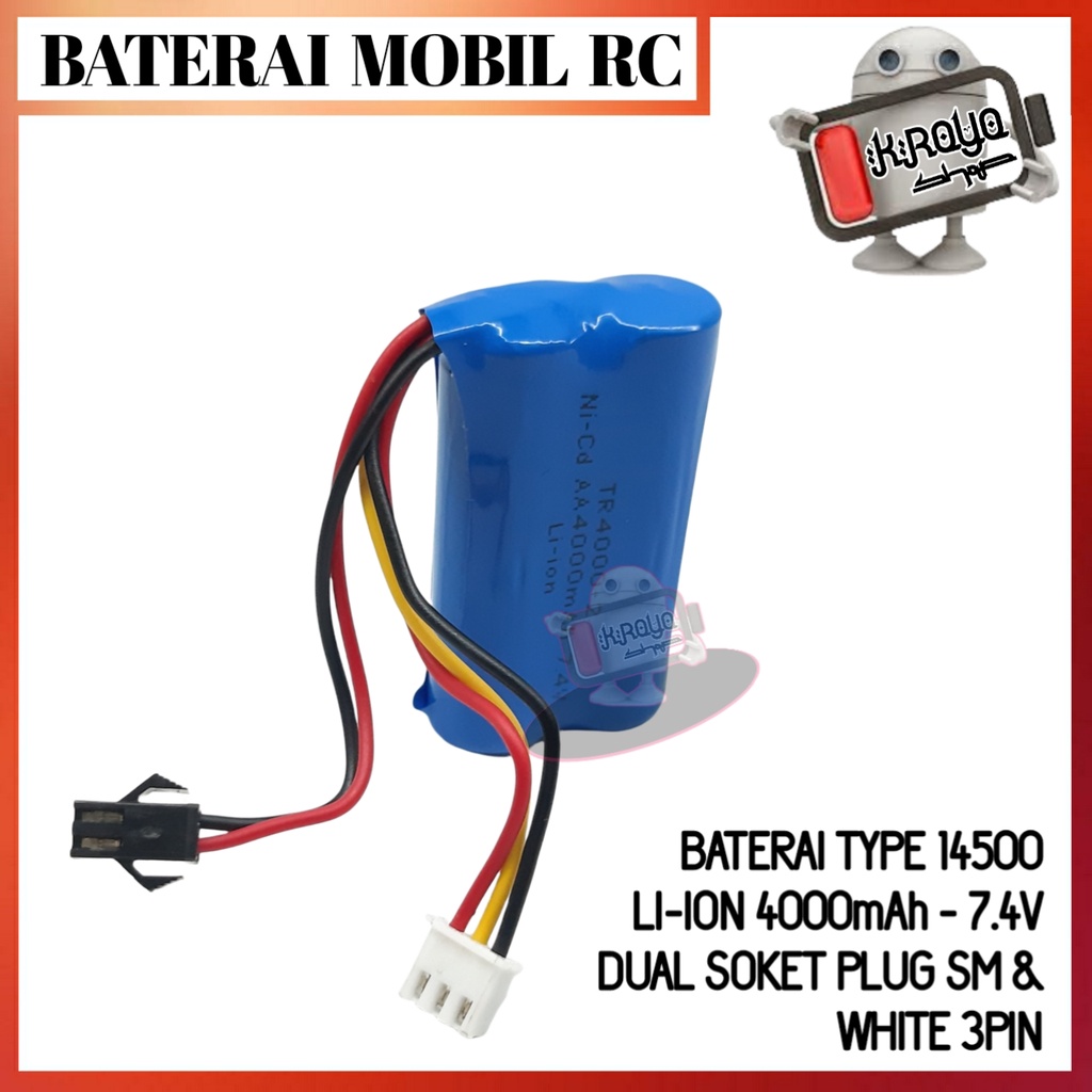 Baterai Mobil Remot/RC Double Socket Type 2x 14500 Li-ion 7.4volt - 4000mAh