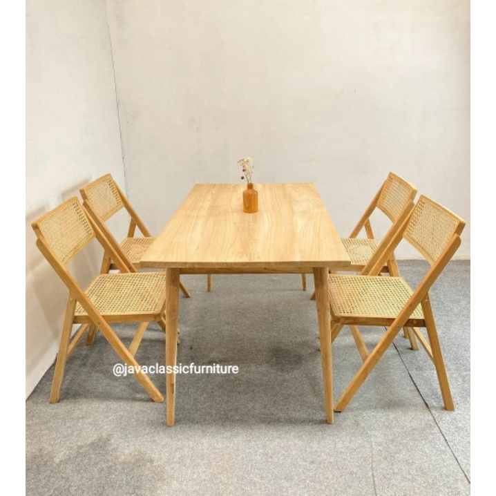 1 SET KURSI MEJA MAKAN CAFE MINIMALIS ROTAN VINTAGE BAHAN KAYU JATI FINISHING BLEACHING DINNING CHAIR-2