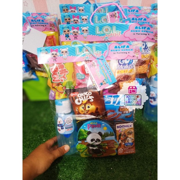 Souvenir Ultah Set Botol Minum / Set Botol 350ml / Botol Fliptop 350ml / Snack Birthday / Paket Snack Ulang Tahun / Set mini lunchbox