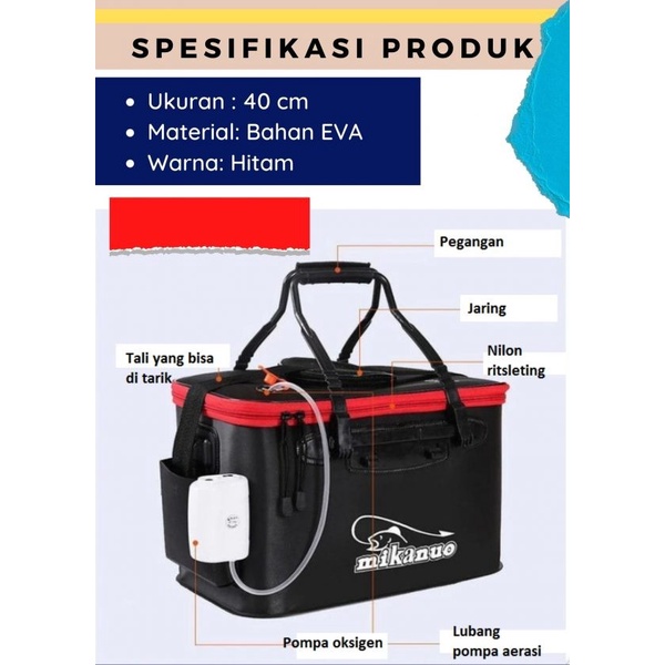 [Mikanuo] Box Ikan + Free Pompa Udara Folding Fishing Bag / Tas Memancing Portable Kotak Ikan + Pompa / Tool Box Peralatan Pancing Daido Besar Import Murah L1 - HPO959-6