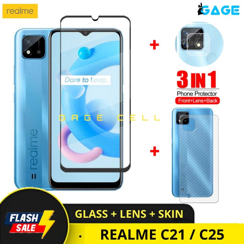 3IN1 TEMPERED GLASS LAYAR KAMERA SKIN CARBON REALME C21 C25 TG ANT GORES FULL SCREEN PROTECTOR