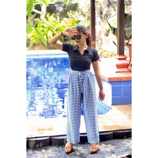 Kulot Motif Bali Rayon Premium-Kulot Kotak Navy