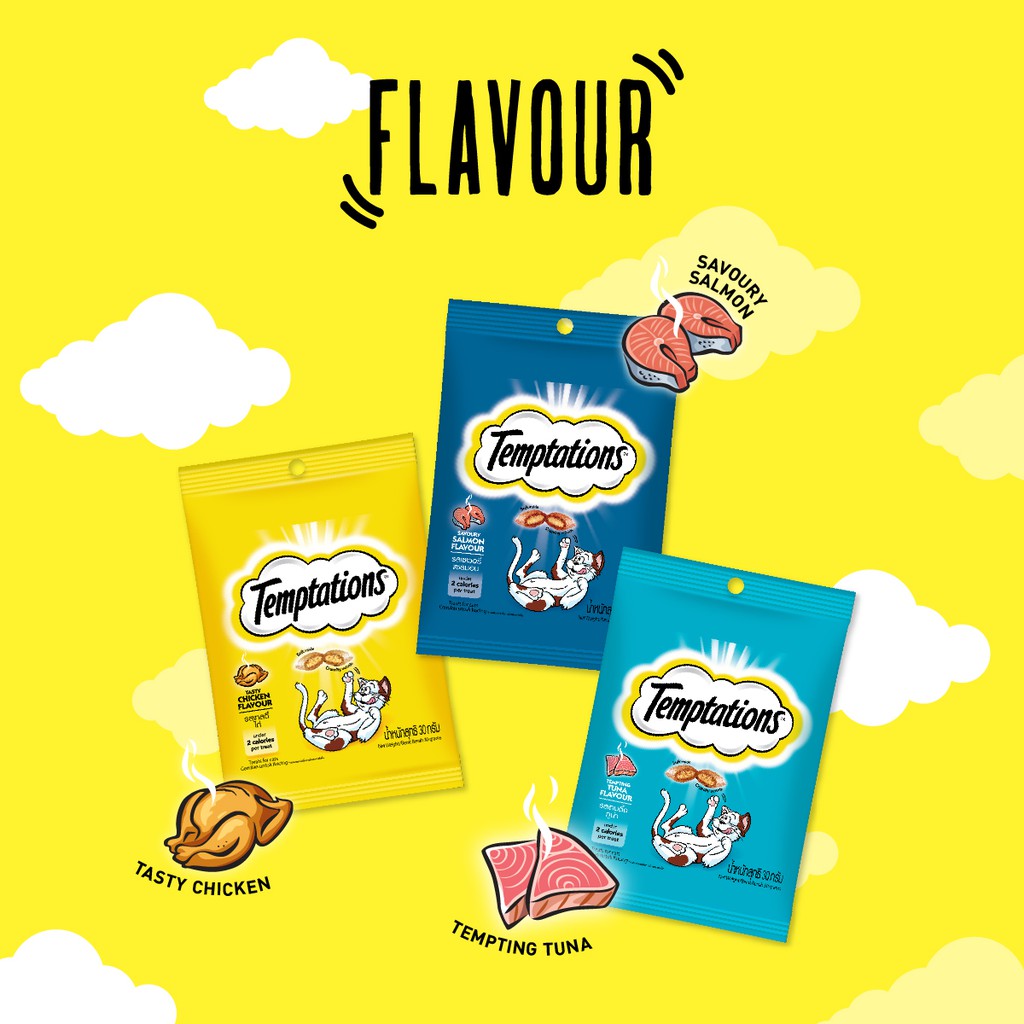 TEMPTATIONS™ Snack Kucing Rasa Chicken, Tuna, & Salmon 30g - Isi 12-6