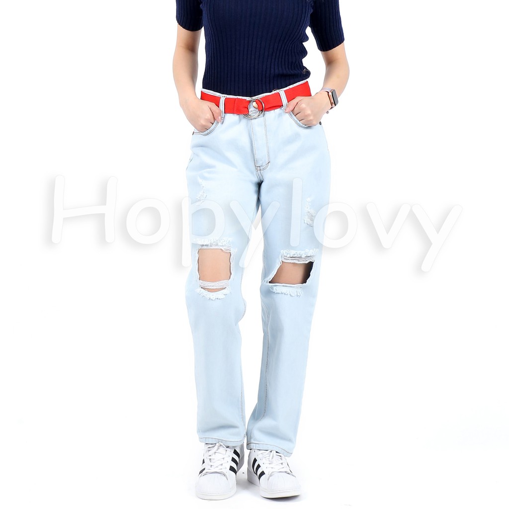 HOPYLOVY - Celana Boyfriend Jeans Wanita Sobek BF Distressed Monita