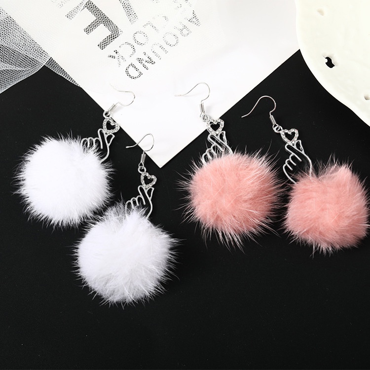 Telinga kancing Jepang lucu daripada heart fluffy bola anting-anting anggun anting-anting pribadi fa
