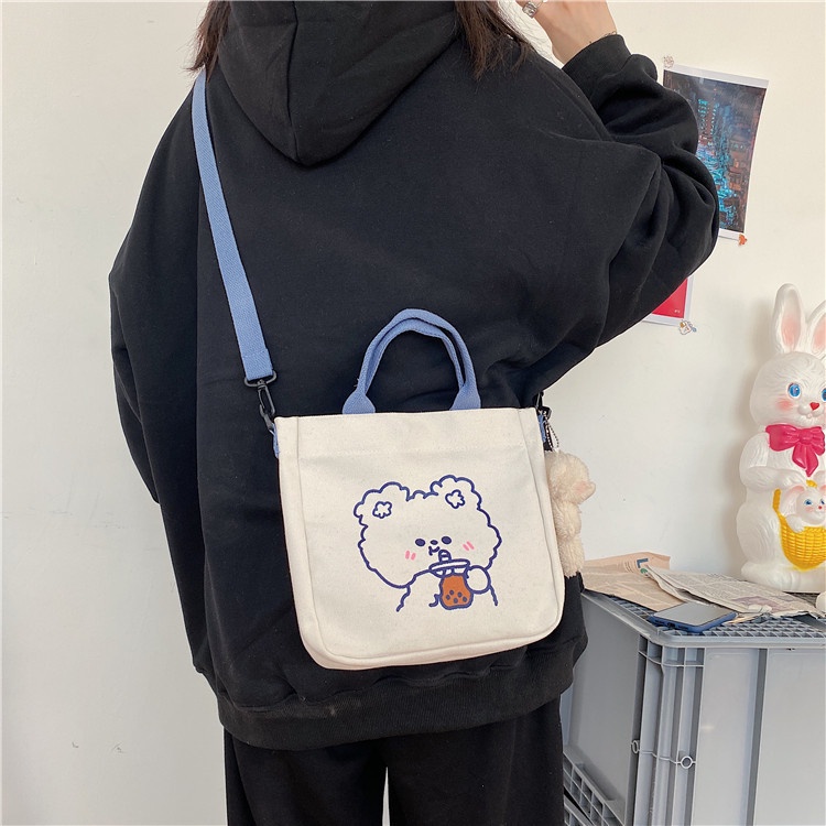 Tas Selempang Wanita Bahan Canvas Model Korea Motif Beruang dan Kelinci