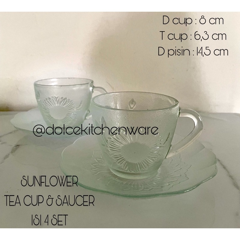 Sunflower Tea Cup & Saucer Set Isi 4 6 pasang Kaca Migi Hadiah Souvenir