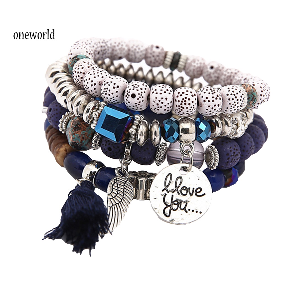 Oneworld Gelang Manikmanik Batu Alam Multilayer Aksen Rumbai Gaya Bohemian Untuk Wanita