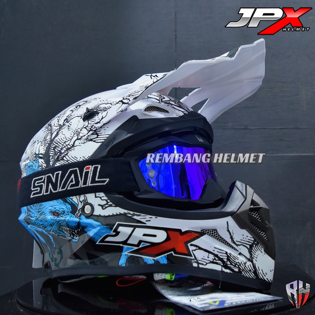HELM JPX CROSS_FOX1 X14 - PEARL WHITE GLOSS PAKET GANTENG GOOGLE SNAIL HELM JPX KLX ORIGINAL HELMET MOTO TRAIL SUPERMOTO HELM FULL FACE MOTO CROSS TERBAIK TERMURAH-MX36 MATT BLACK/BLUE