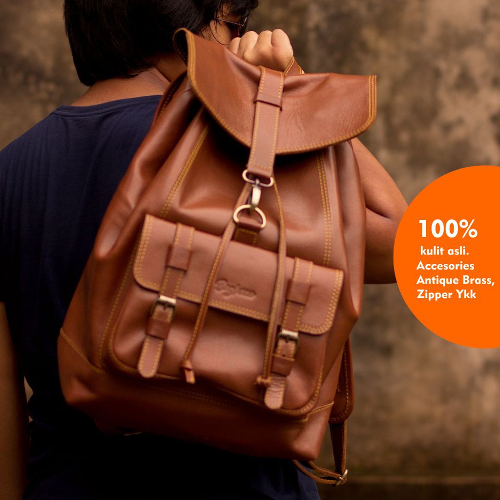 Bagbone Leather MARCELLO Backpack Serut Kulit Full Grain warna Camel | Tas punggung kulit Serut Pria