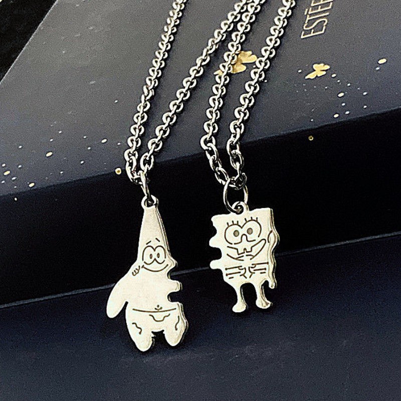 2pcs / Set Kalung Rantai Klavikula Liontin Spongebob Warna Silver Untuk Pasangan