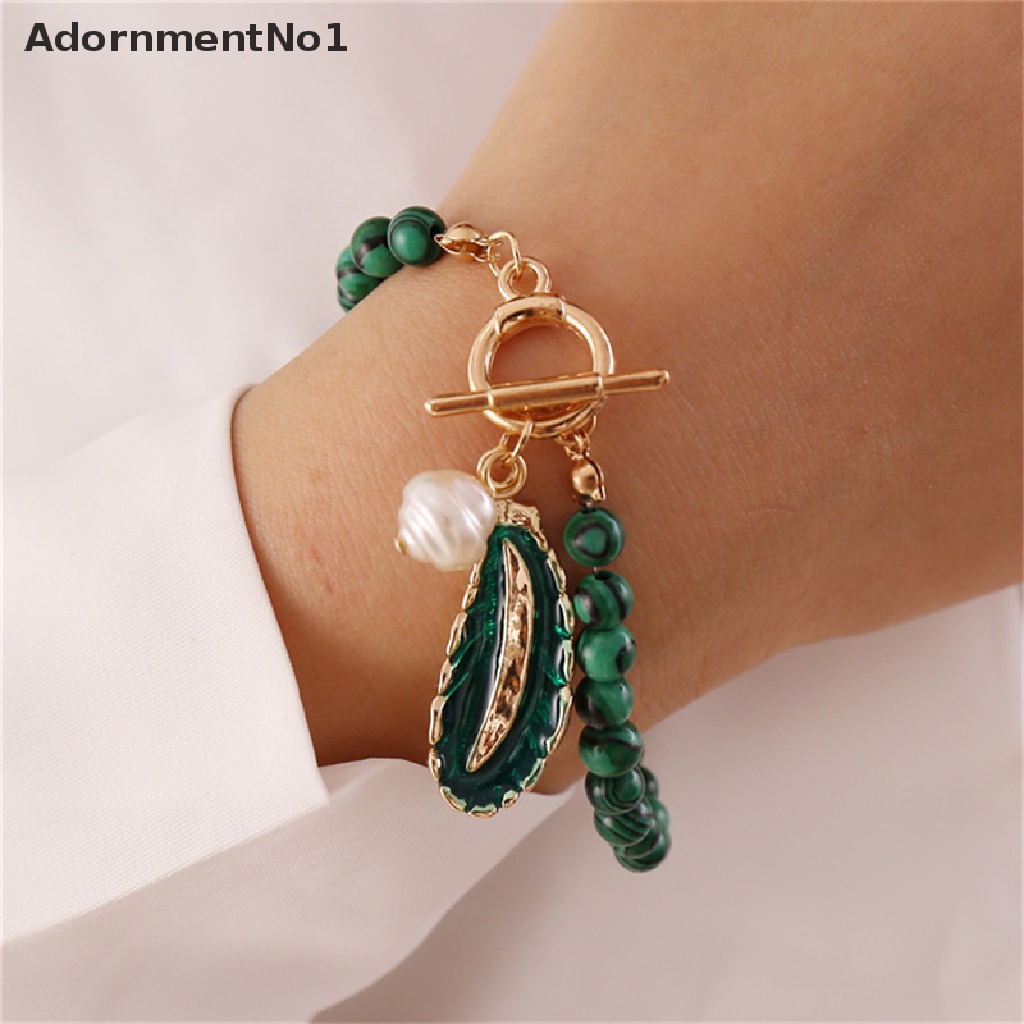 (AdornmentNo1) Kalung Rantai Liontin Daun Malachite Aksen Mutiara Imitasi Bahan Alloy Untuk Wanita