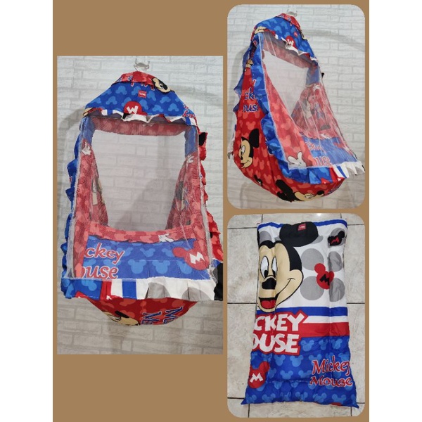 Ayunan Karakter 3in1 Kain Ayunan dan Kelambu dan Kasur-Mickey biru merah