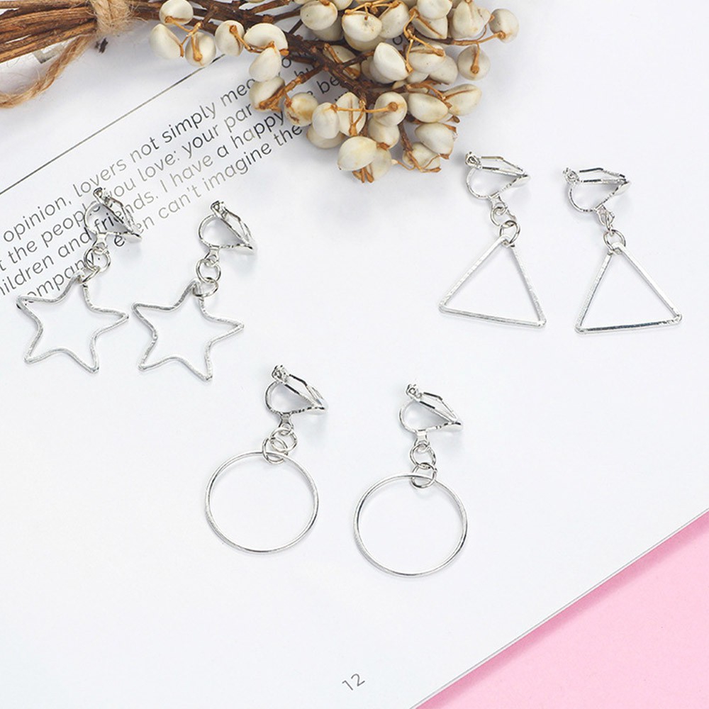 Anting Klip Bentuk Bulat Bintang Segitiga Geometris Bahan Logam Lapis Emas Perak Untuk Wanita