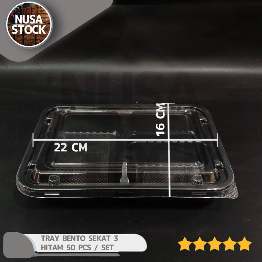 BENTO SEKAT 3 HITAM TRAY KOTAK NASI PLASTIK LUNCH BOX THINWALL 50 PC