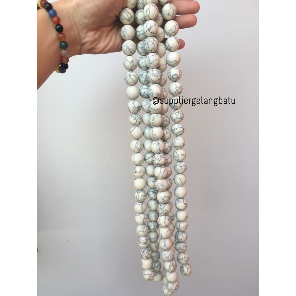 bahan batu pirus putih 16mm doff matte white howlite stone beading aksesoris craft supplier grosir