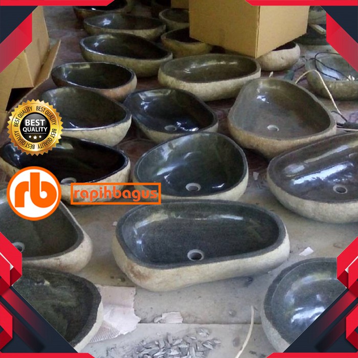wastafel batu kali glossy natural klasik alami 40cm di meja bukan tempel dinding tembok pipa kran si