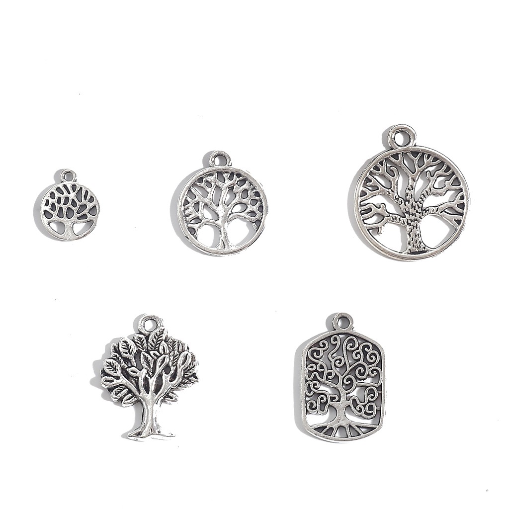 10-30 Pcs 5 Ukuran Charms Life Dreaming Trees Bentuk Bulat Kotak Lapis Silver Untuk Gelang Kalung