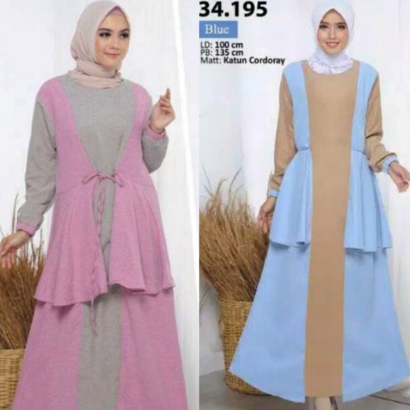 baju gamis katun dan moscrepe kombinasi warna lengan panjang variasi rempelan tali pinggang seleting