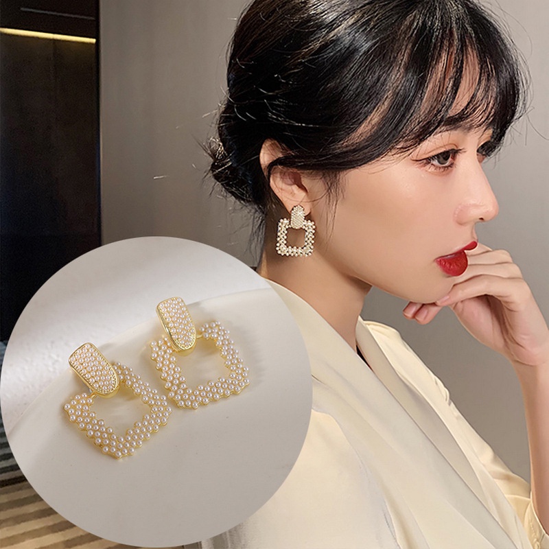 Sterling silver jarum Korea Mutiara busur anting-anting geometris berlian anggun dan modis anting-an