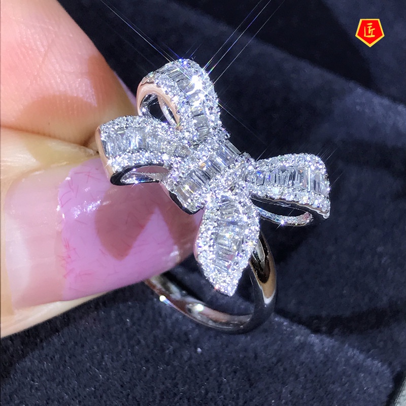 [Ready Stock]Bow Ladder Square Zircon Ring Beautiful Luxury Temperament Female