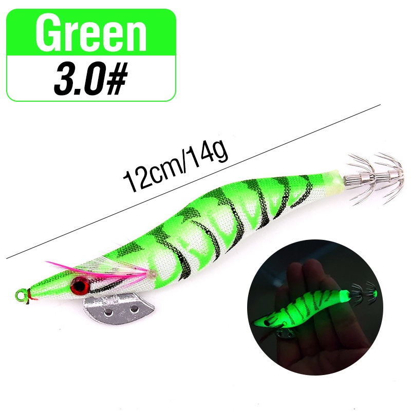 1pc Umpan Pancing Cumi-Cumi / Udang Luminous Bahan Kayu Ukuran 8cm / 10cm / 12cm-Green-3.0#