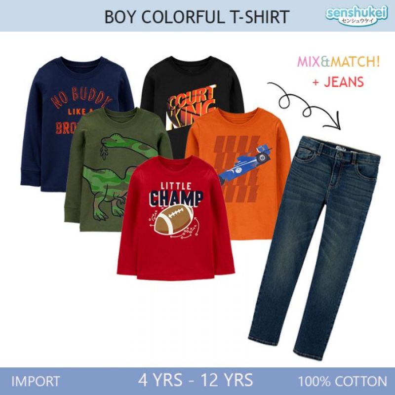 IMPORT Senshukei Atasan Kaos Lengan Panjang Anak Katun Merah Hijau Hitam Orange Navy