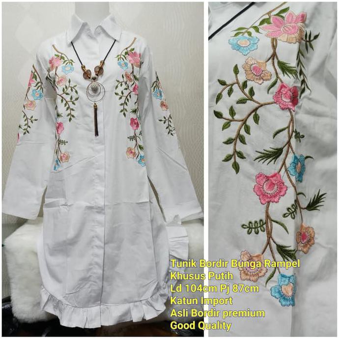 MUTU BAGUS Tunik Bordir Bunga khusus putih Tunik wanita kekinian Murah