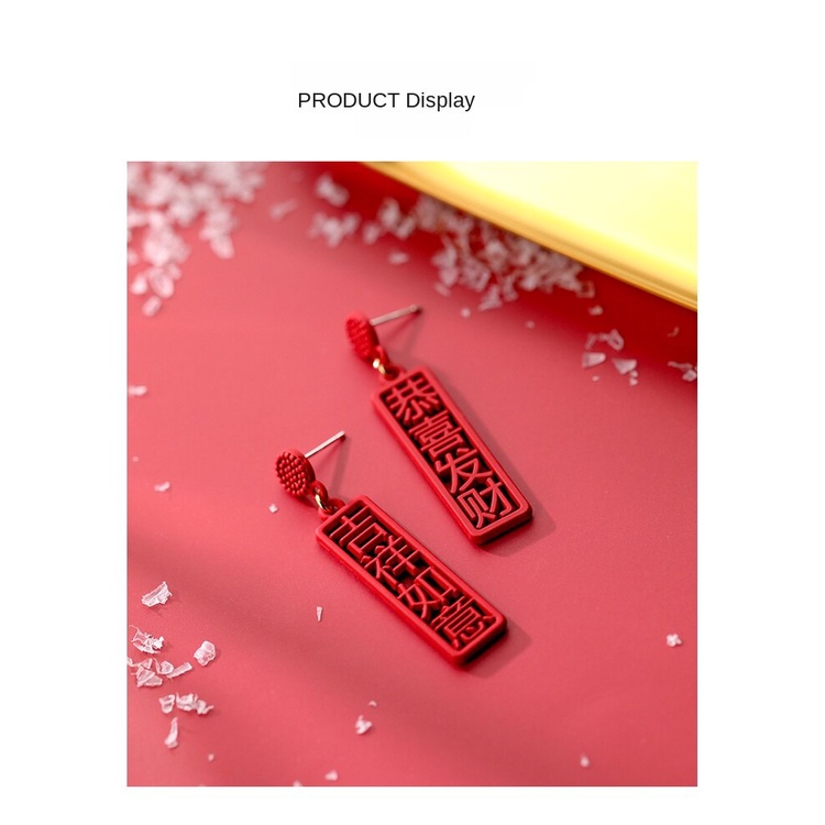 Anting Tusuk Gantung Bahan Sterling Silver 925 Desain Gong Xi Fa Cai Merah Gaya Cinaretro Untuk Wanita