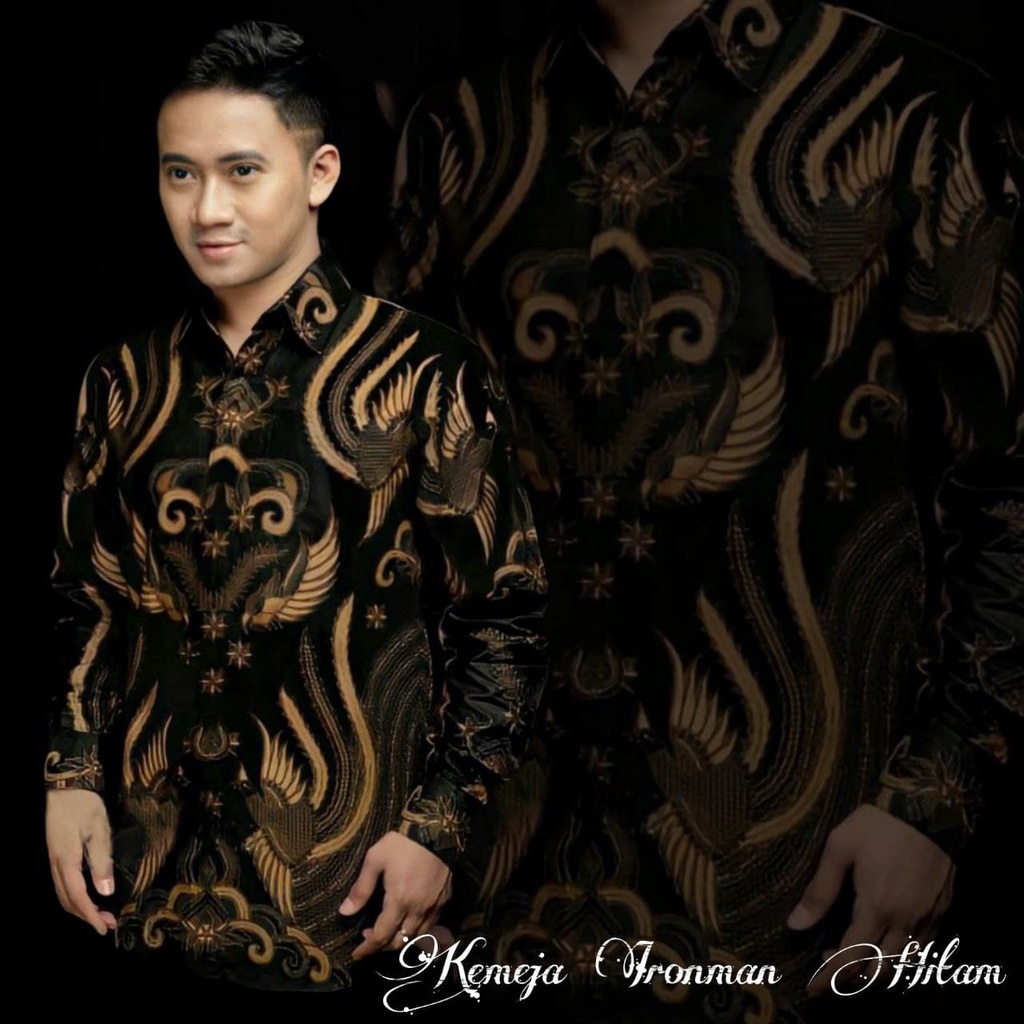 Batik Pria Lengan Panjang BATIK pria kekinian HRB026 motif KERATONAN Kode 002 size M L XL XXL 3L 4L 5L 6L Reguler-KMJ IRONMAN HITAM