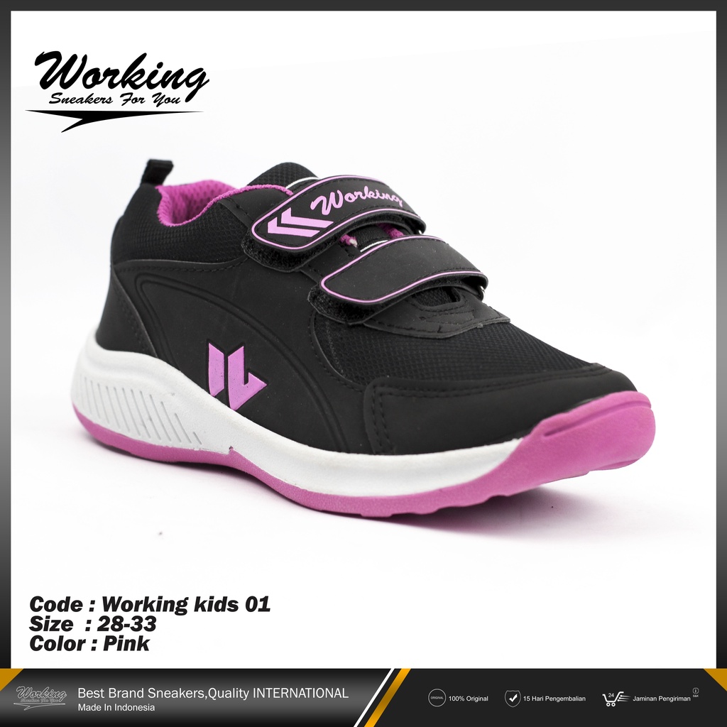 Sepatu Anak Sekolah TK SD Working Kids-01 Full Hitam Sneakers Hitam Tanpa Tali (Kids Baru)