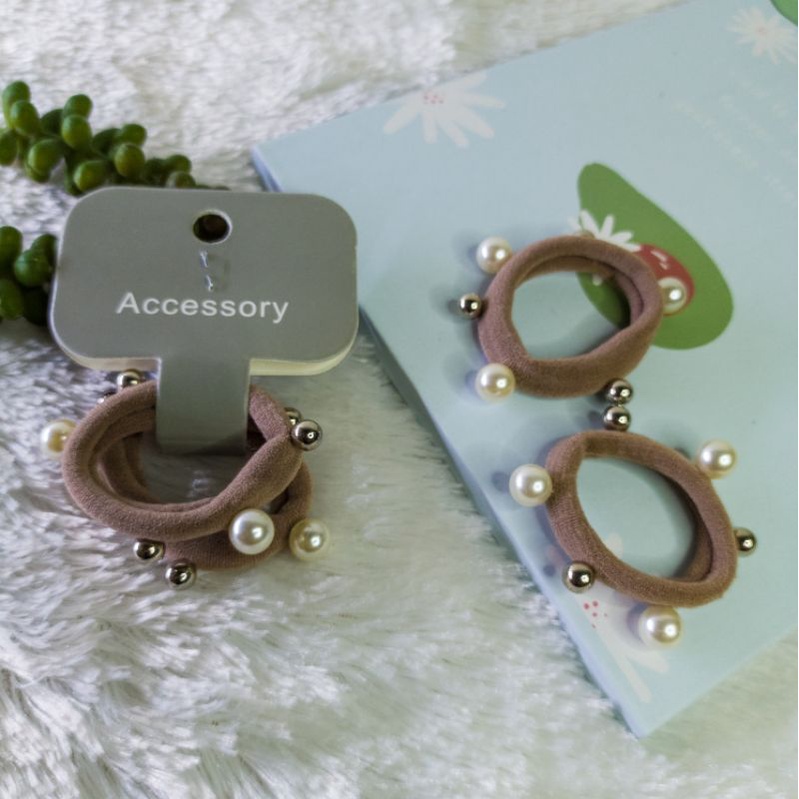 IKAT RAMBUT KUNCIR RAMBUT isi2pcs KUNCIRAN MUTIARA KARET ELASTIS-Karet cream