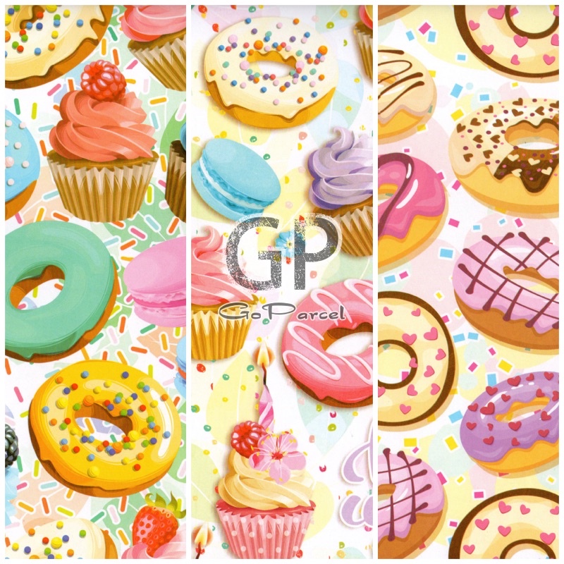 ( 5 Lembar ) KERTAS KADO DESSERT DONUT KIKY - GIFT WRAPPING PAPER CHOCOLATE CUPCAKE / STRAWBERRY CAKE / BIRTHDAY / ULANG TAHUN ANAK