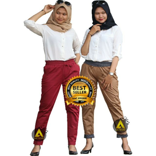 Celana Wanita Katun Stretch Motif Stik Balik