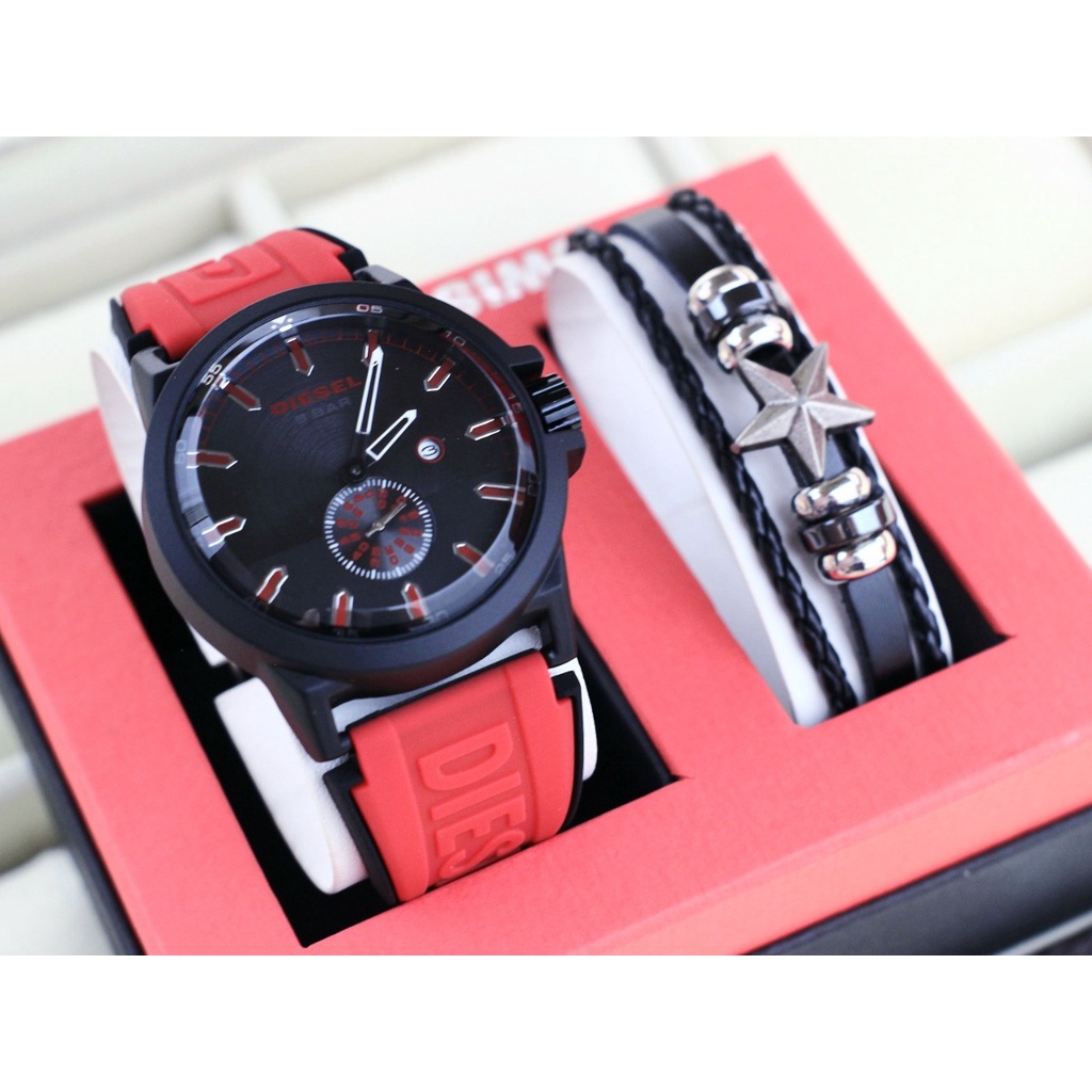 COD Jam Tangan Pria Diesel Tali Karet Free Gealng Kulit Body Bulat Detik Bawah Tanggal Aktif