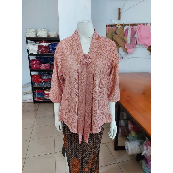 (BrL110) Kebaya floy BROKAT GLITTER & FOIL EMAS 7/8 lurus jumbo KeroncongBusana-Rose Gold, FOIL