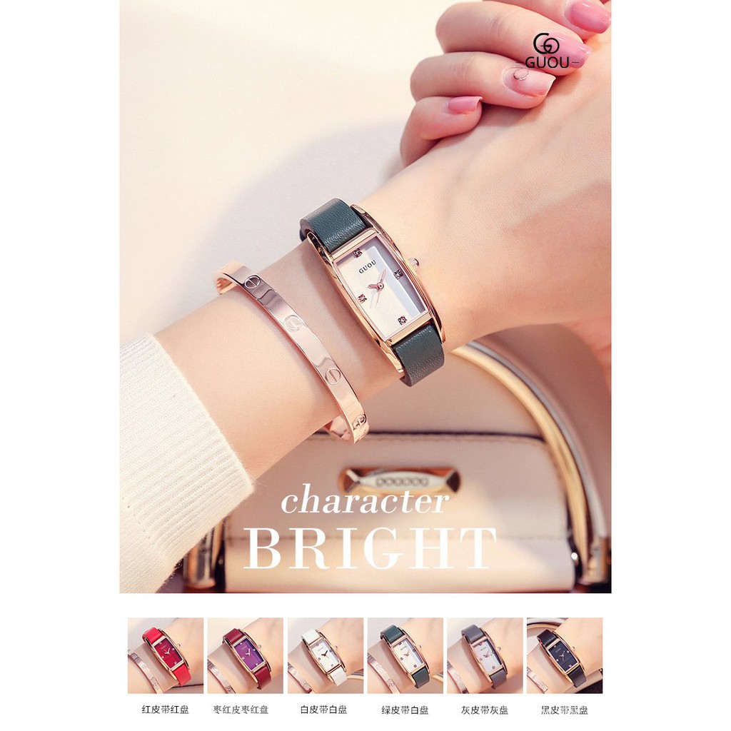 【Factory Outlet】GUOU Square Watch Ladies Waterproof Wristwatches Rhinestone Quartz Watches for Women Leather Strap R