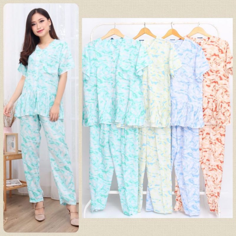 DAILY SET / PIYAMA RAYON PREMIUM LENGAN PENDEK CELANA PANJANG BABYDOLL KERUT AMRO
