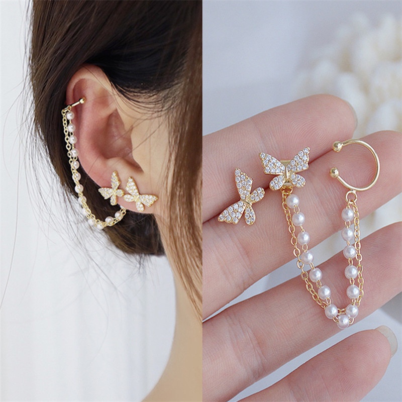 COD❤2 Pcs/1 Set Anting Wanita Korea Mutiara Emas rantai Gaya Untuk Aksesoris Perhiasan